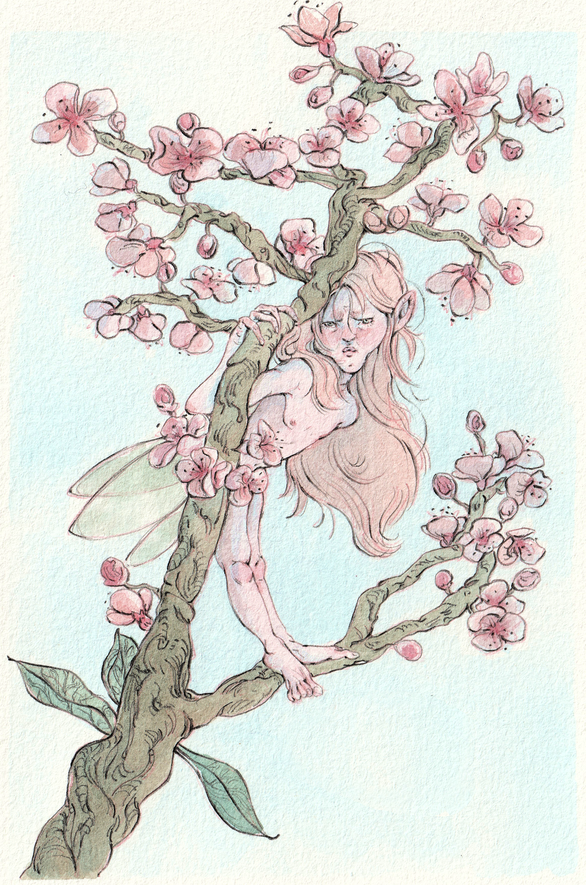 Blossom Fairy (2024), watercolor and colored pencils on paper, 15 x 11 cm